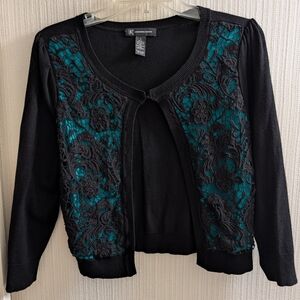 INC International Concepts Black With Green Inlay Cropped Cardigan Size S